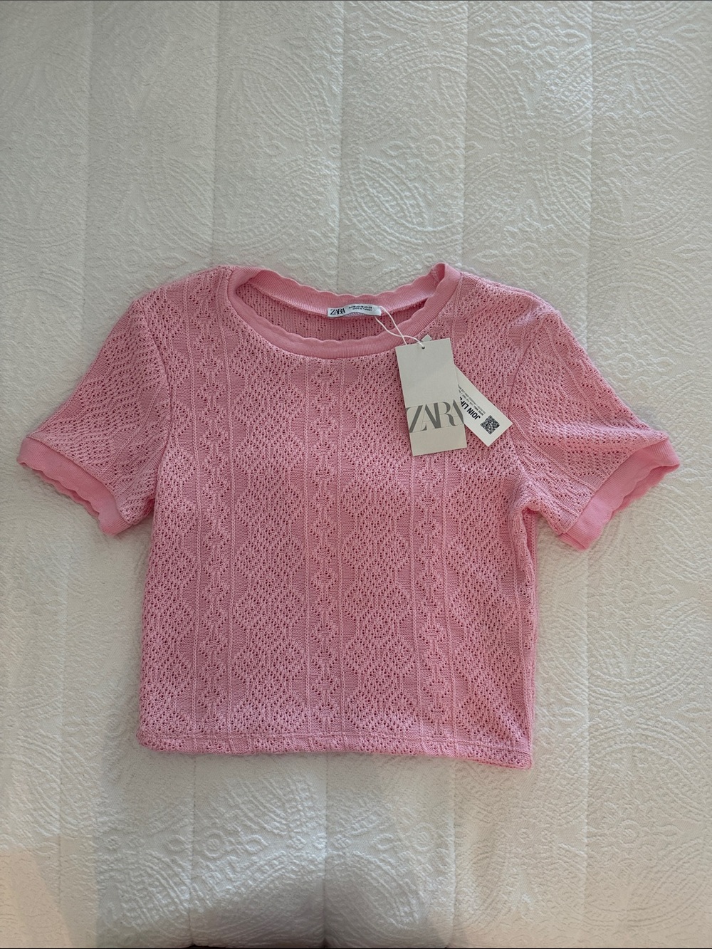 ZARA Pink Crochet Lace Short Sleeve Top